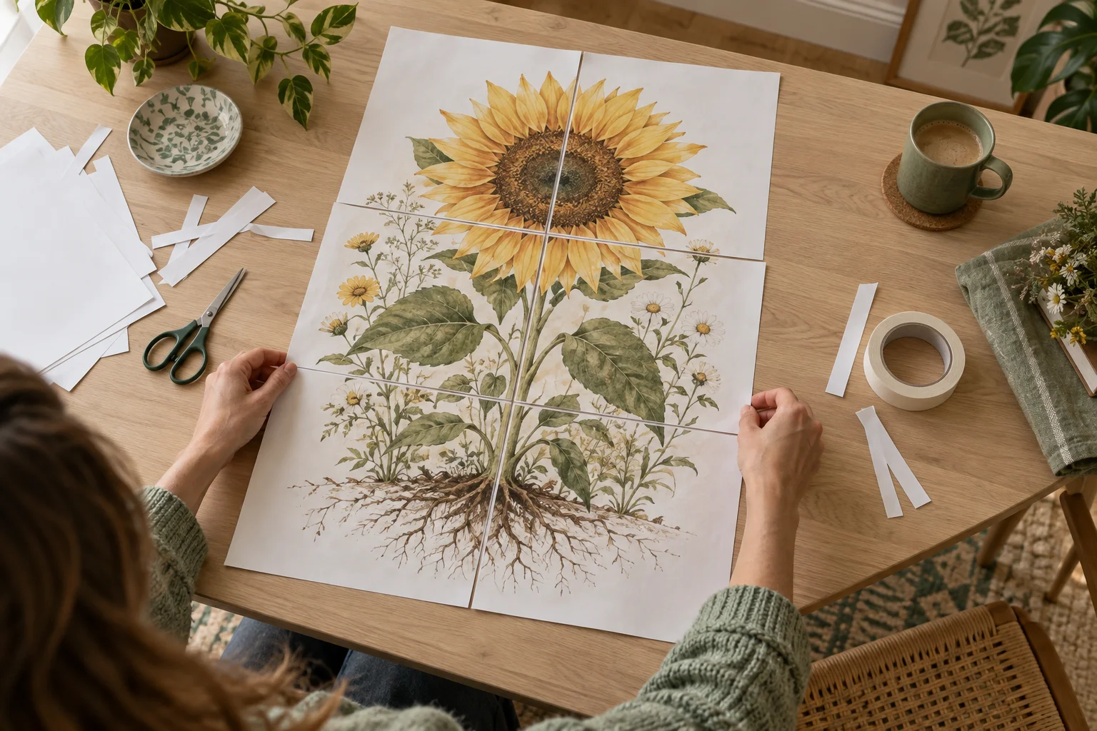 Illustration of assembling a botanical poster from six printed sheets on a craft table
