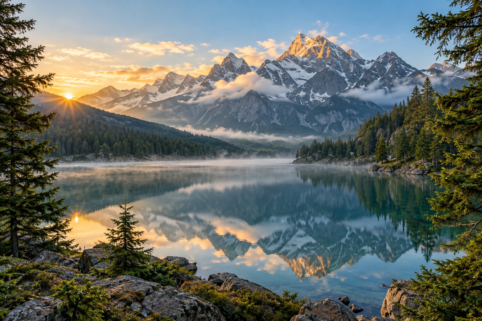 Alpine lake landscape with mountains and trees reflected in the water, used throughout this printing example