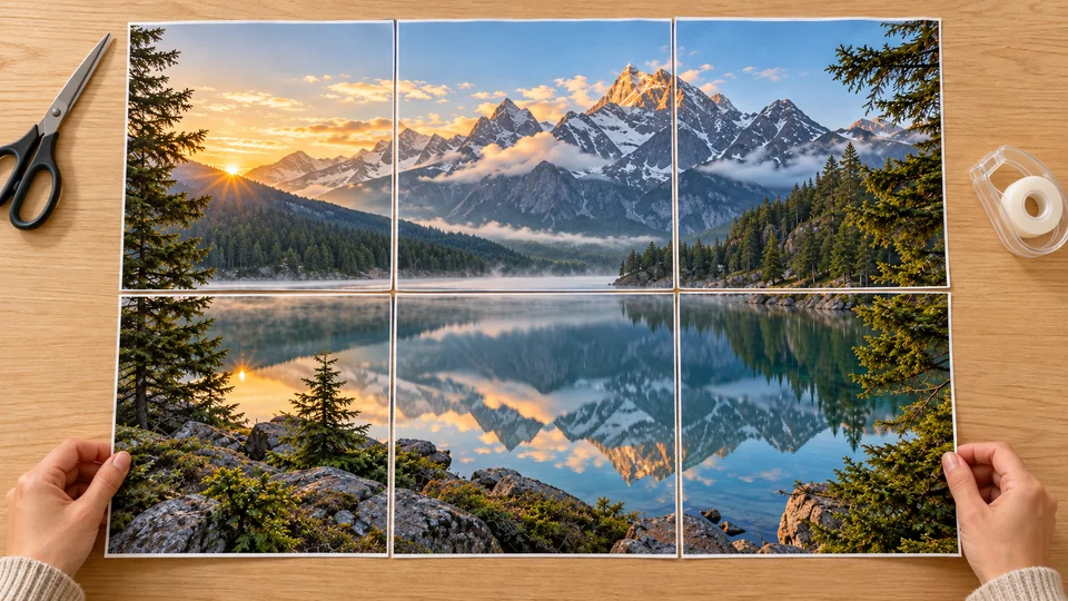 Assembling six printed sheets of the same alpine lake photograph