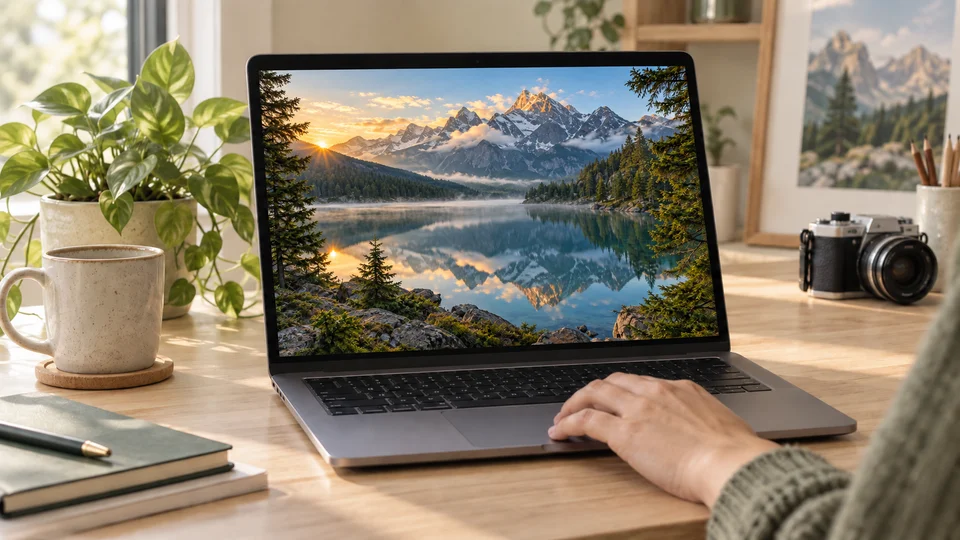 Selecting the alpine lake photograph on a laptop