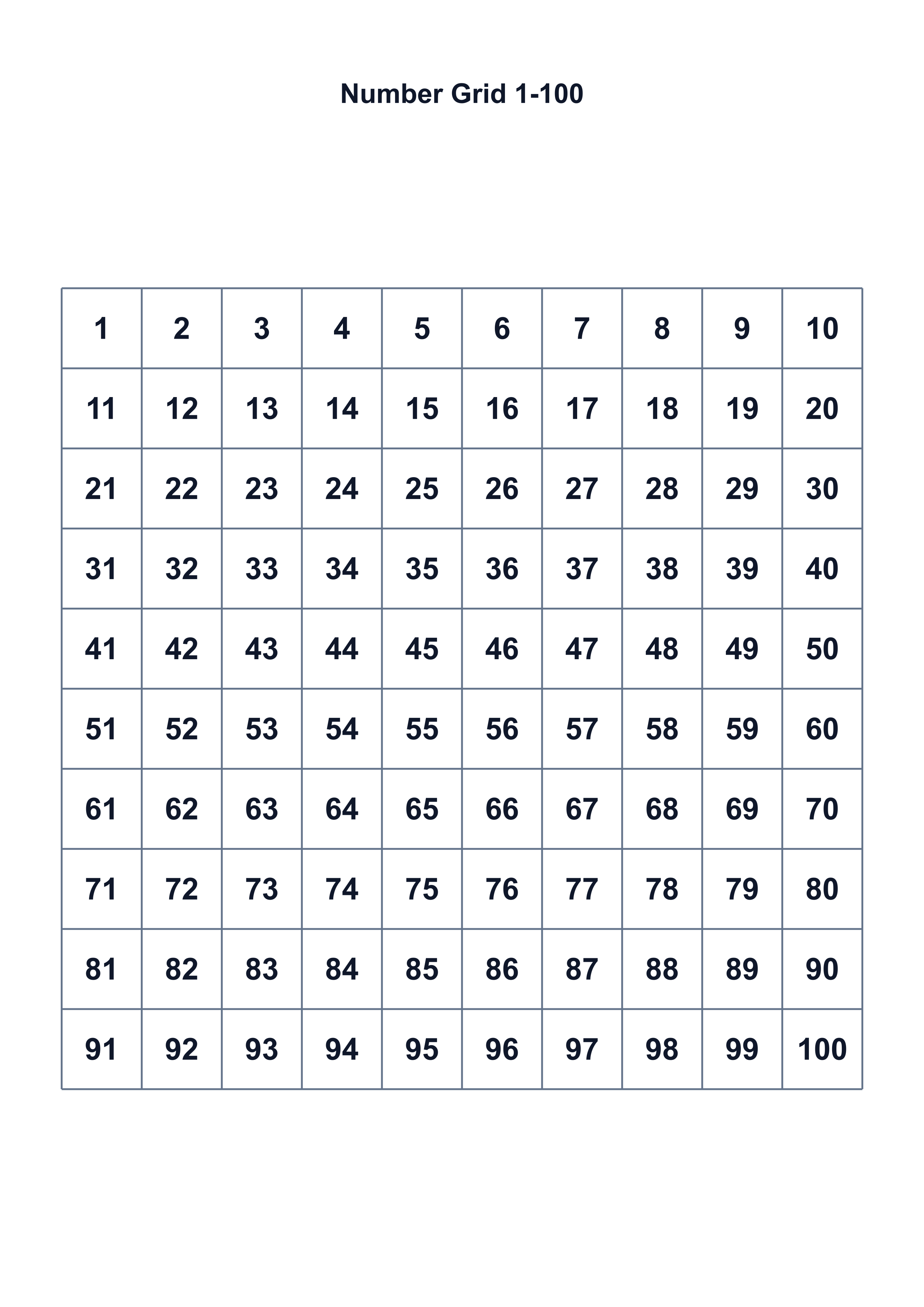 1–100 Number Grid preview
