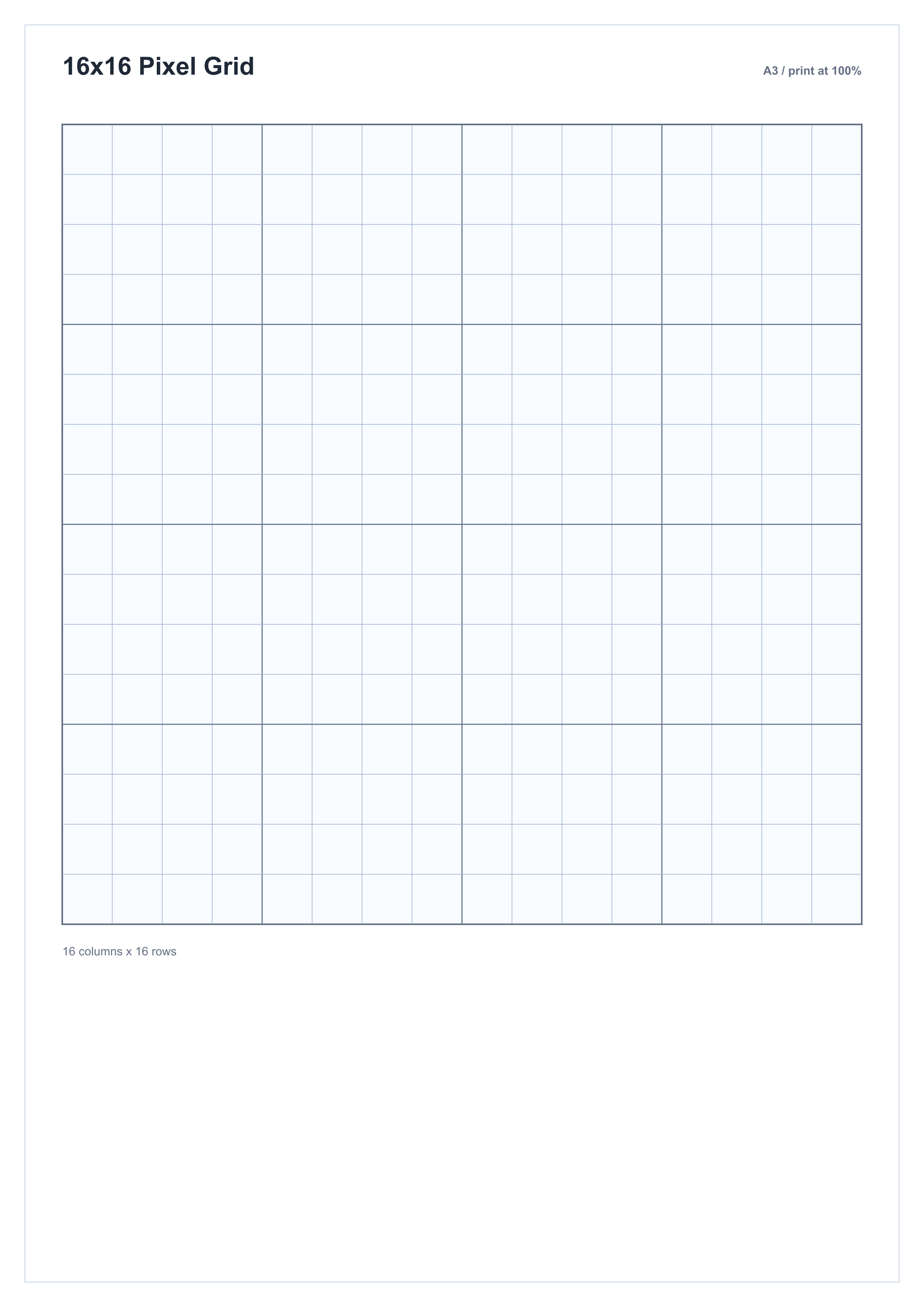 A3 printable 16 by 16 blank pixel art grid preview