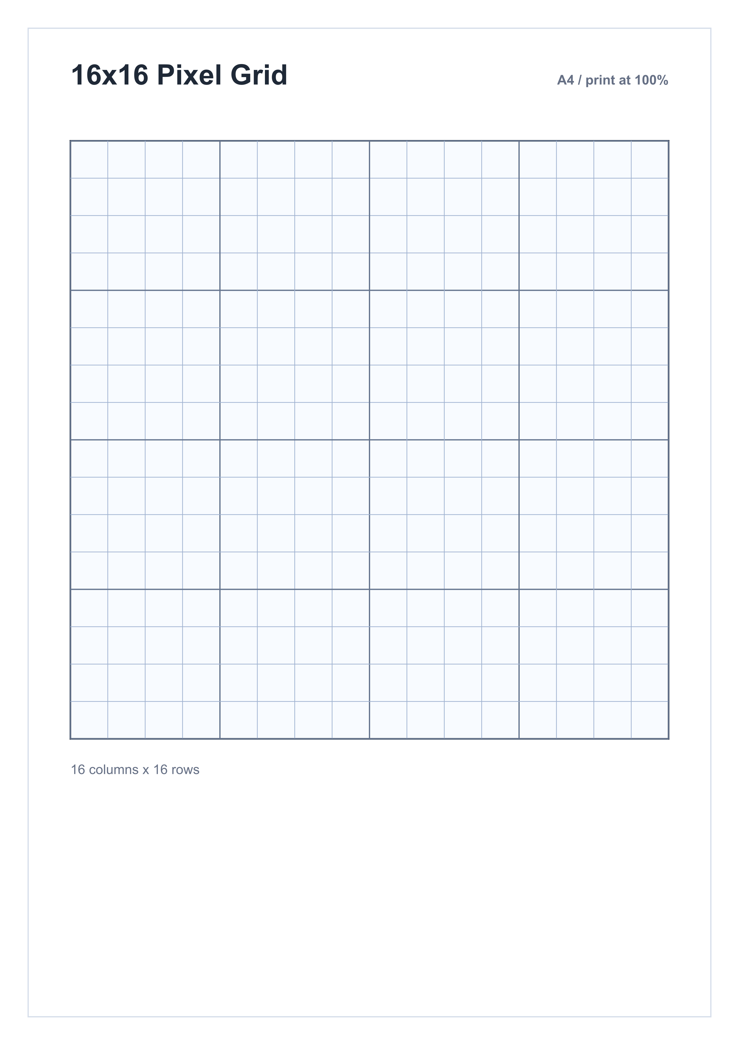 A4 printable 16x16 pixel art grid paper with blank square cells