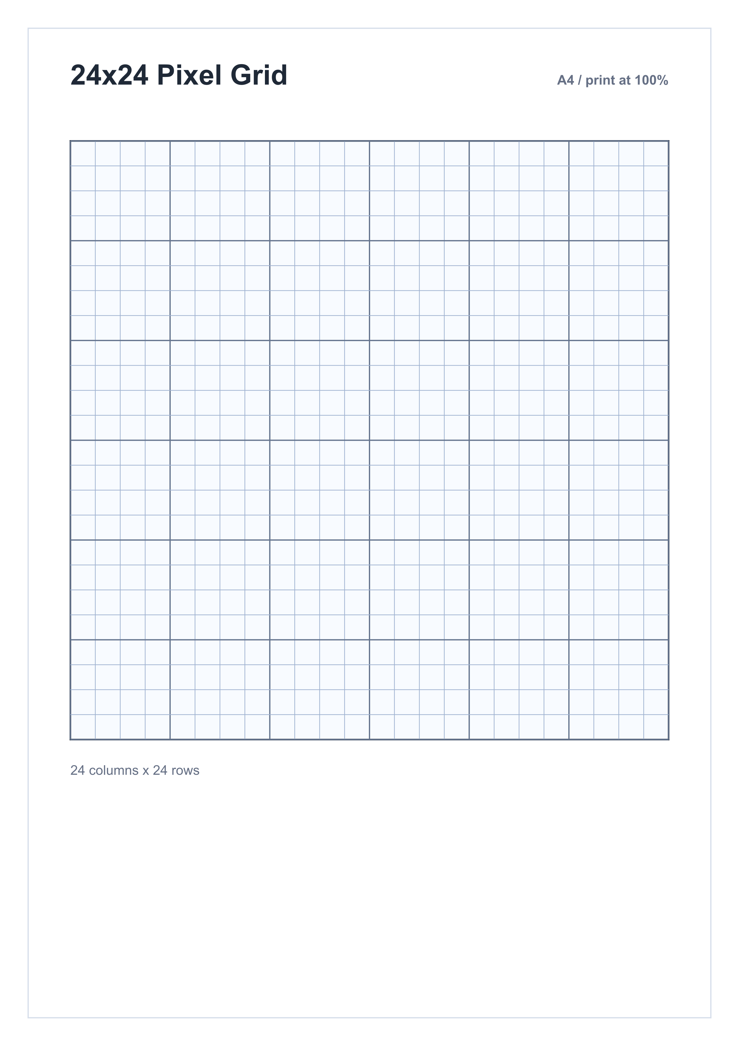 A4 printable 24 by 24 blank pixel art grid paper preview