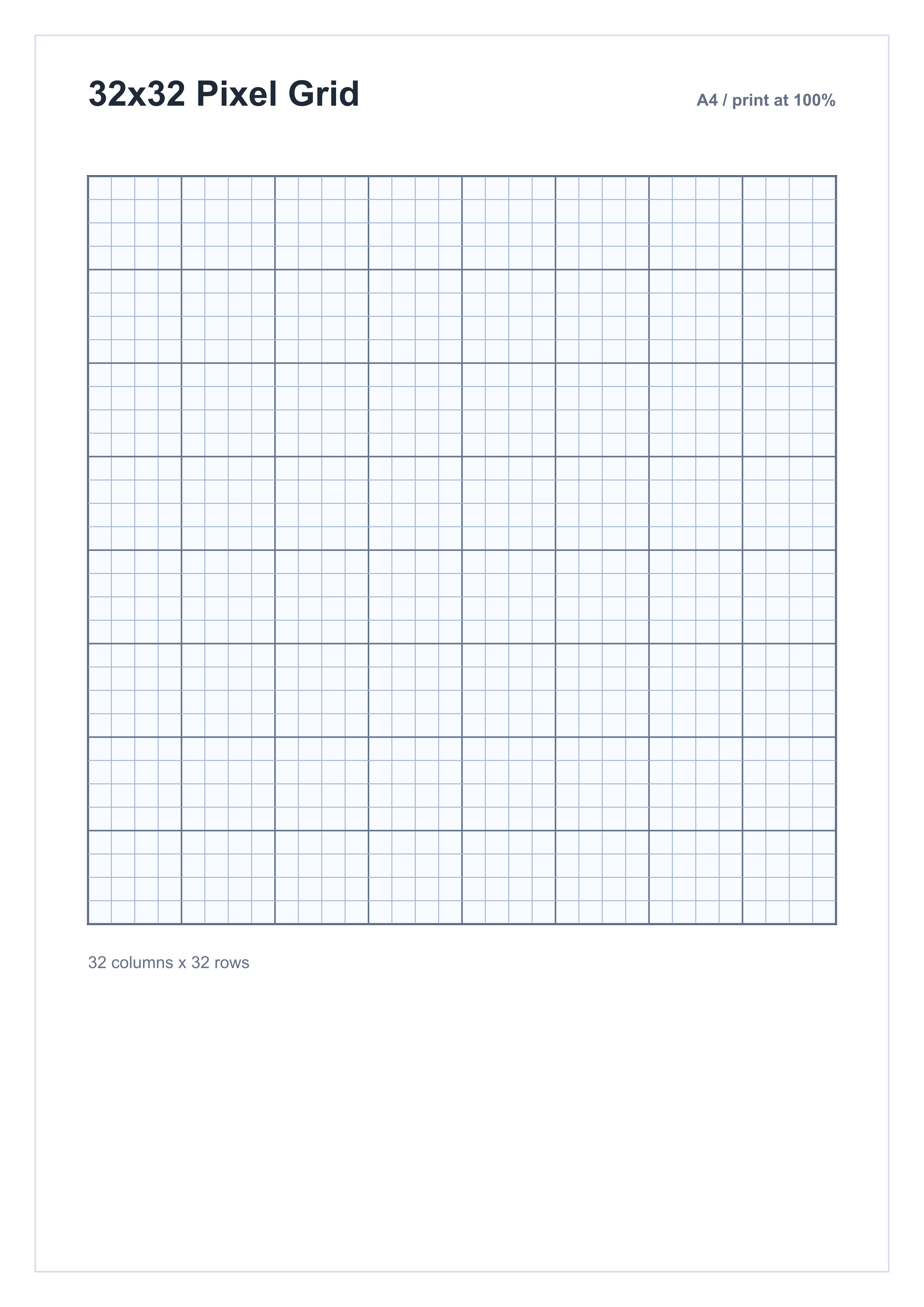 A4 printable 32 by 32 blank pixel art grid paper preview
