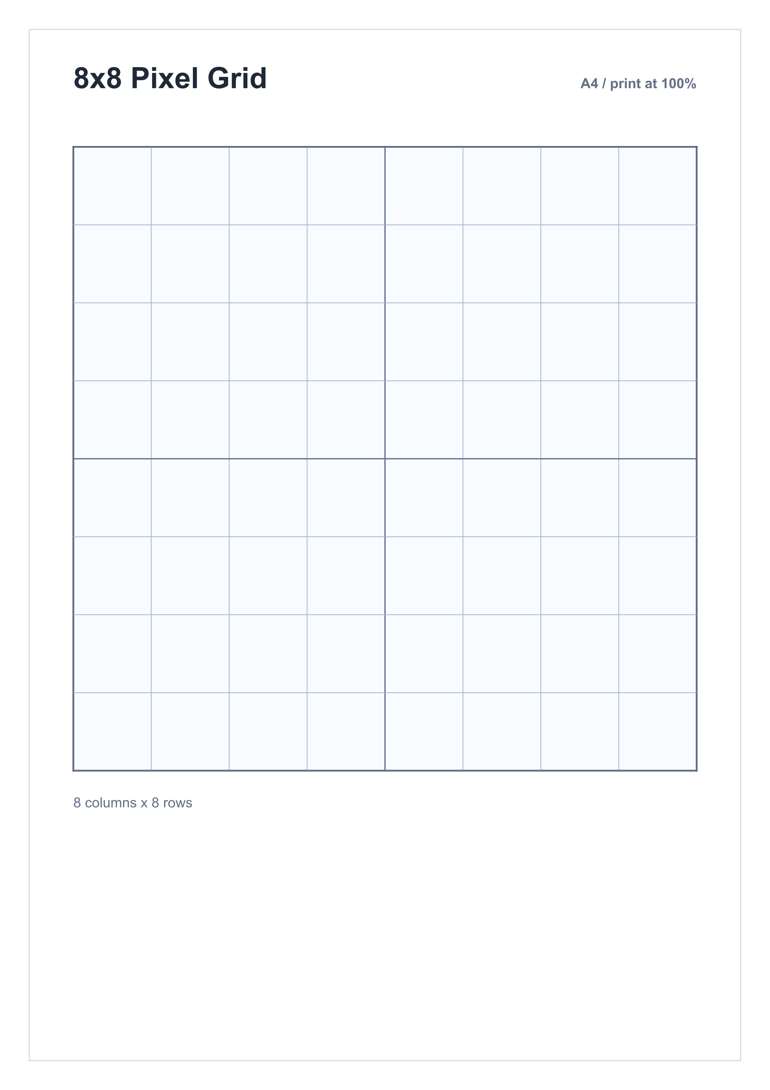 A4 printable 8 by 8 blank pixel art grid paper preview