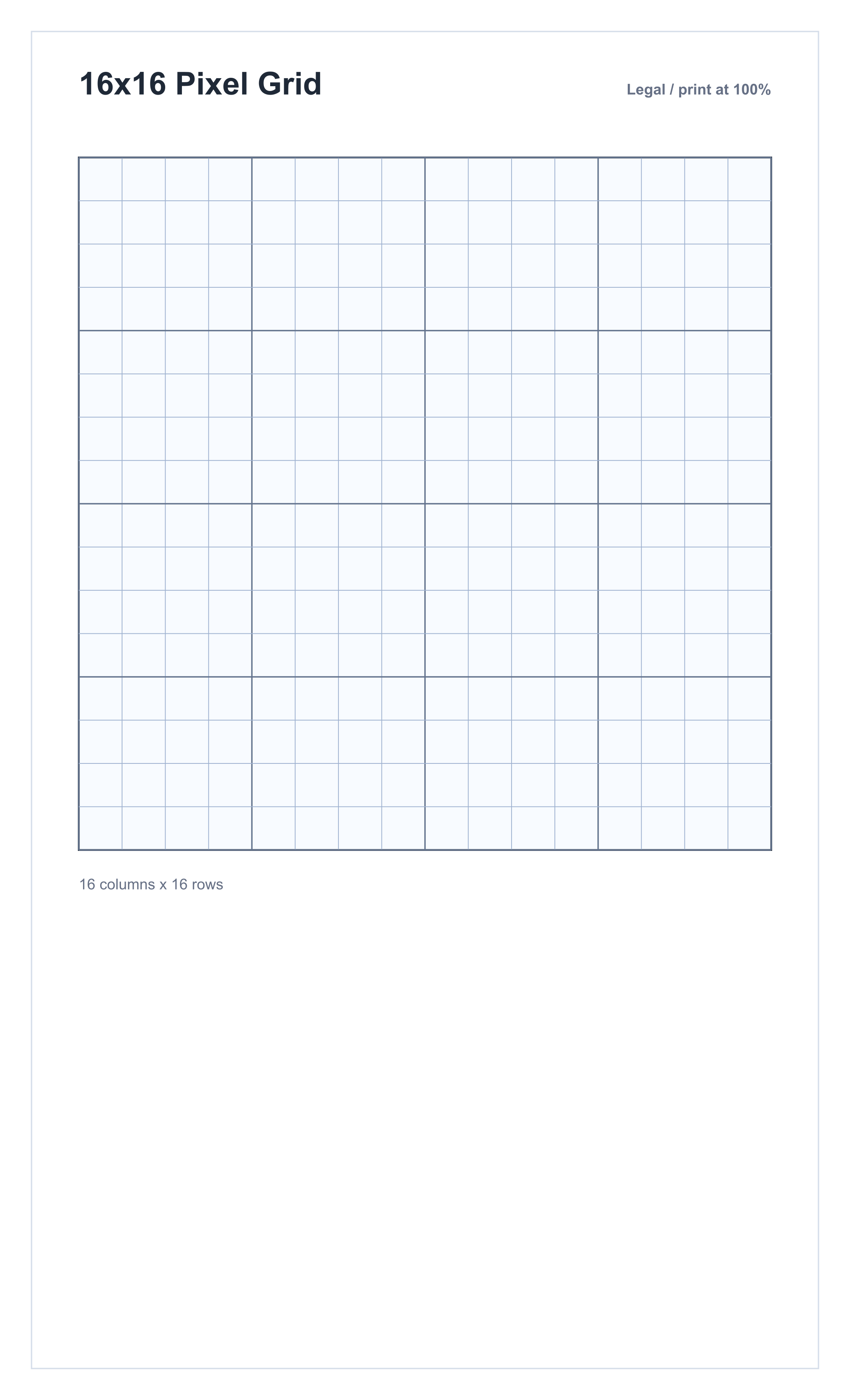 Legal printable 16 by 16 blank pixel art grid preview