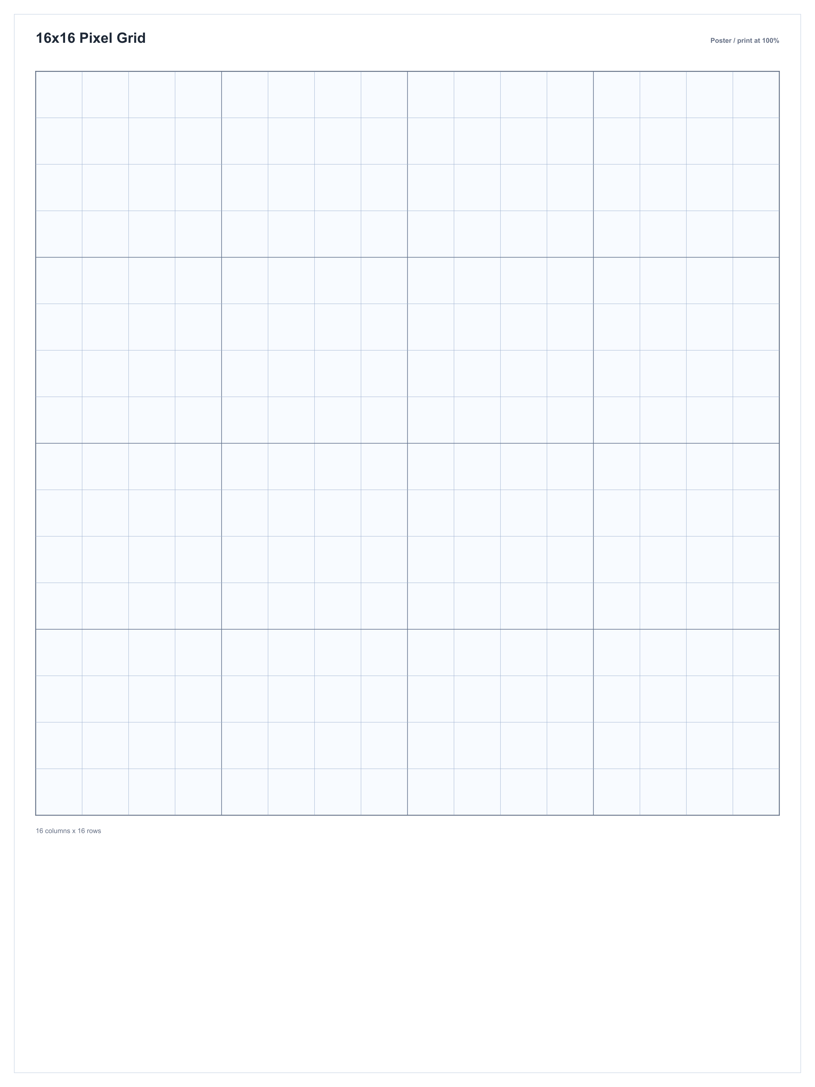 Poster printable 16 by 16 blank pixel art grid preview
