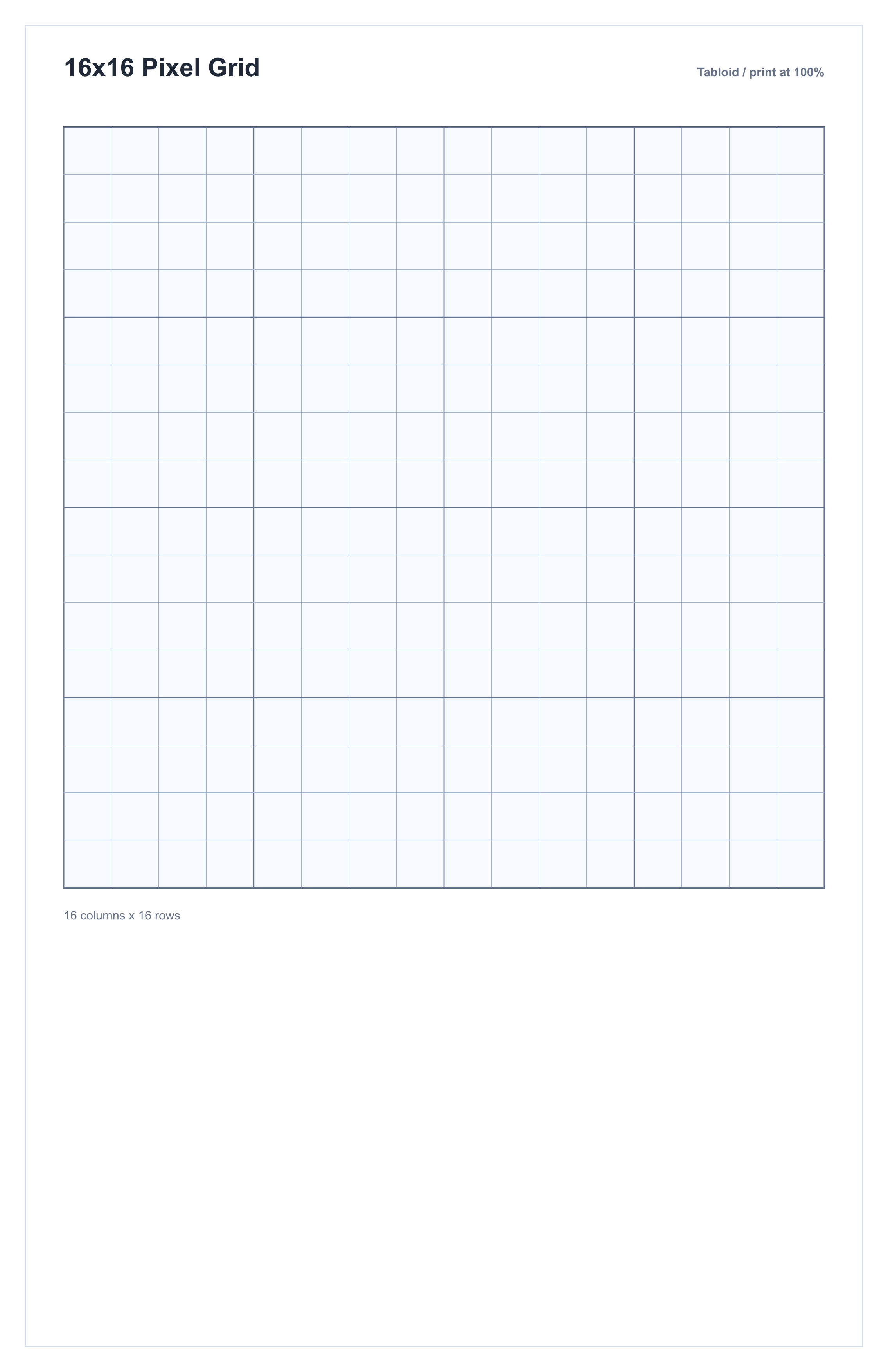 Tabloid printable 16 by 16 blank pixel art grid preview
