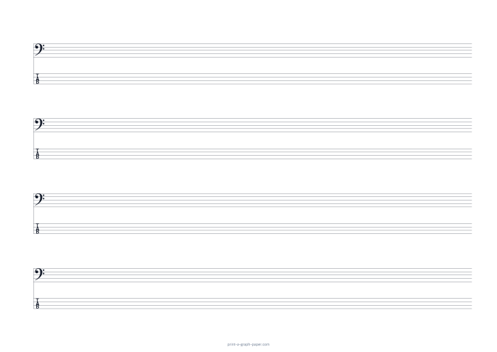 A4 landscape bass clef and 4-string tab paper preview