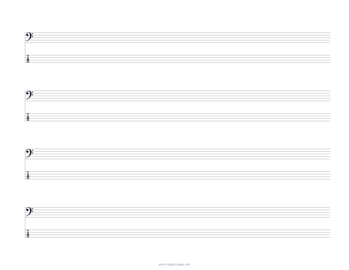 US Letter landscape bass clef and 4-string tab paper preview