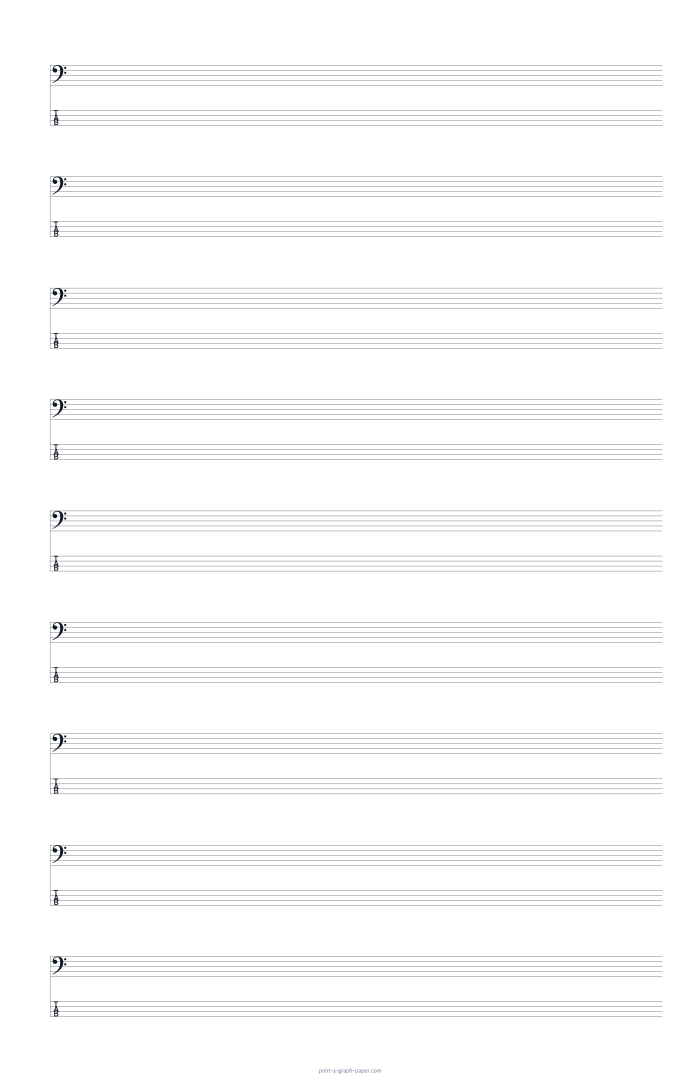 11 × 17 Tabloid portrait bass clef and 4-string tab paper preview