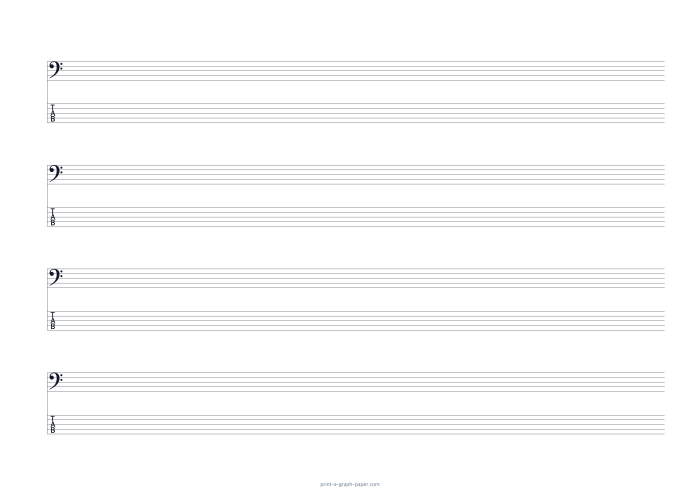 A4 landscape bass clef and 5-string tab paper preview