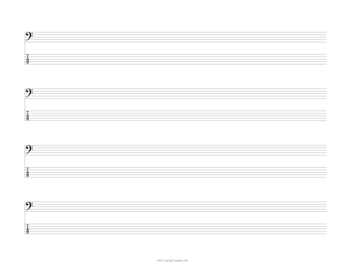 US Letter landscape bass clef and 5-string tab paper preview