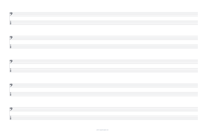 11 × 17 Tabloid landscape bass clef and 5-string tab paper preview