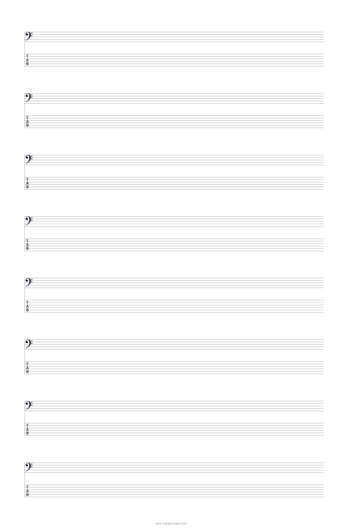 11 × 17 Tabloid portrait bass clef and 6-string tab paper preview
