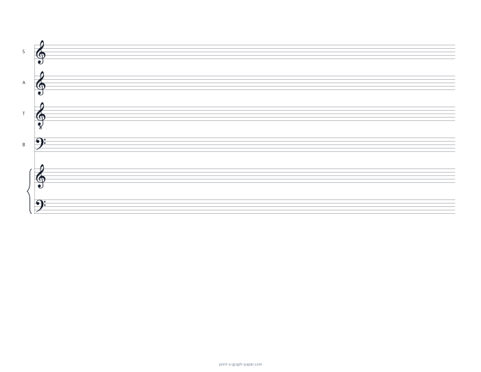 US Letter landscape satb and piano staff paper preview
