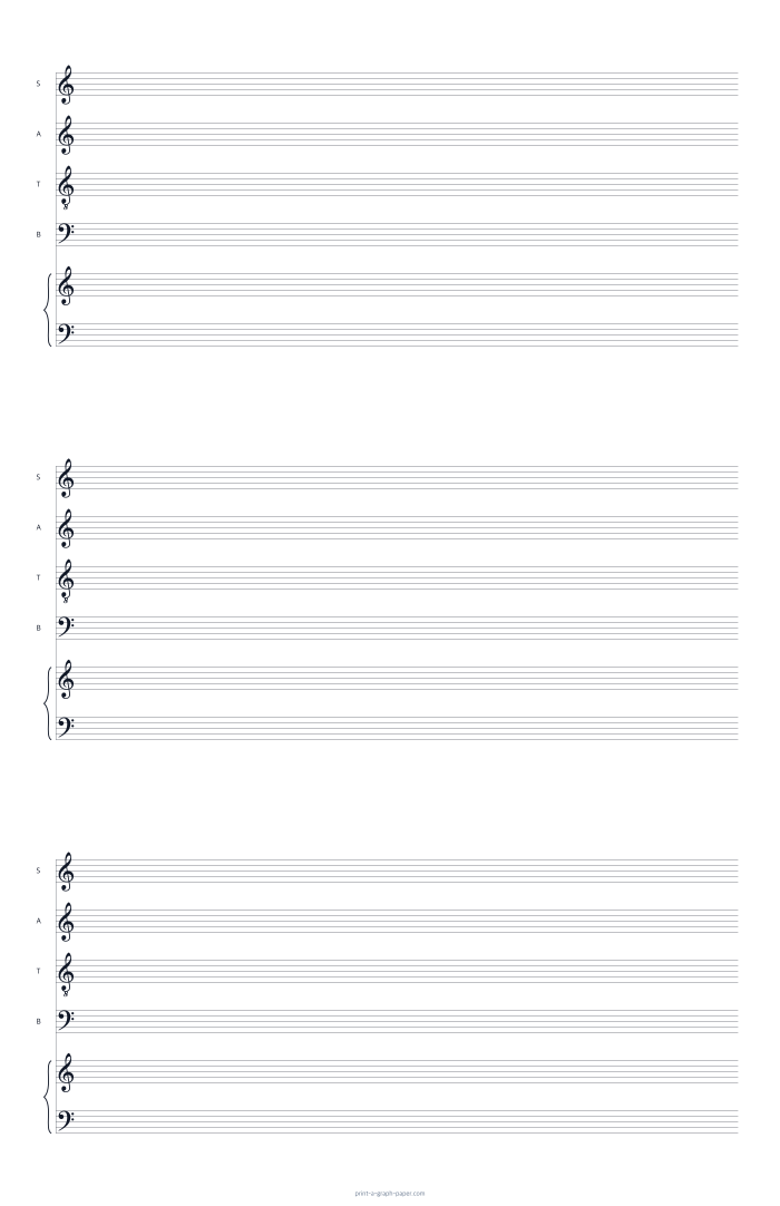 11 × 17 Tabloid portrait satb and piano staff paper preview