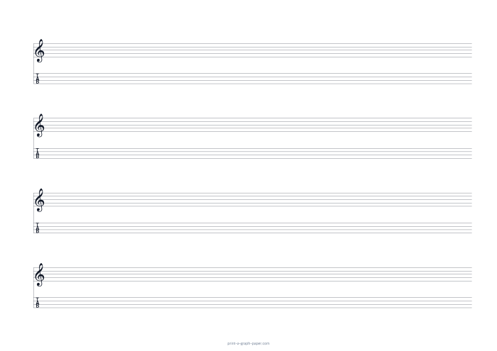 A4 landscape treble clef and 4-string tab paper preview