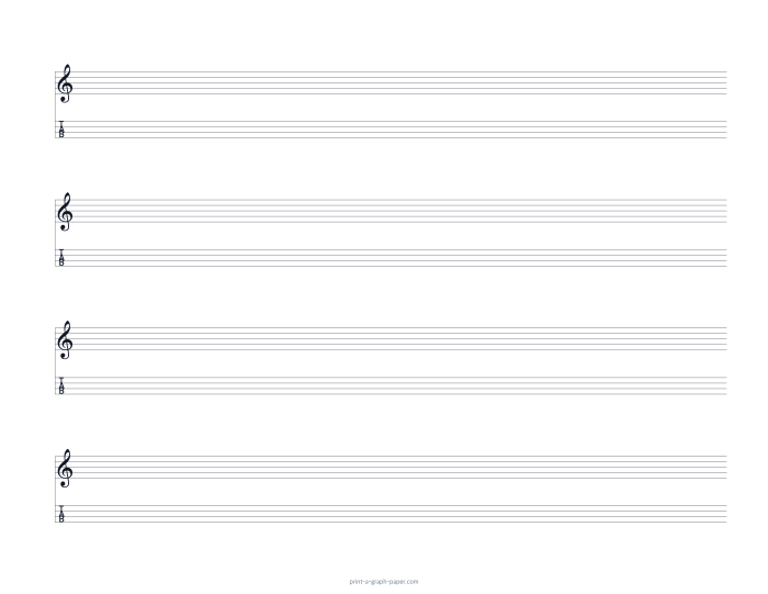 US Letter landscape treble clef and 4-string tab paper preview
