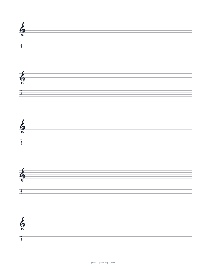 US Letter portrait treble clef and 4-string tab paper preview