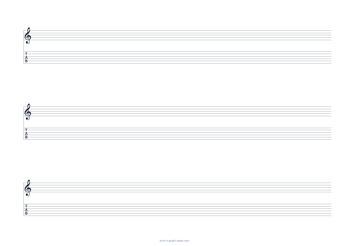 A4 landscape treble clef and 6-string tab paper preview