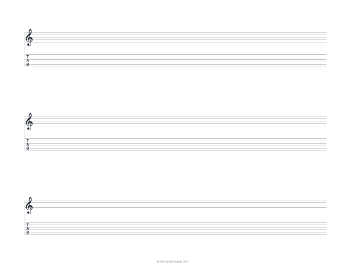 US Letter landscape treble clef and 6-string tab paper preview