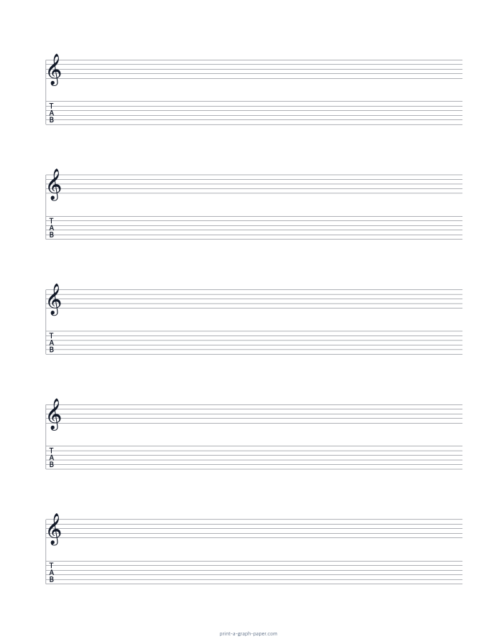 US Letter portrait treble clef and 6-string tab paper preview