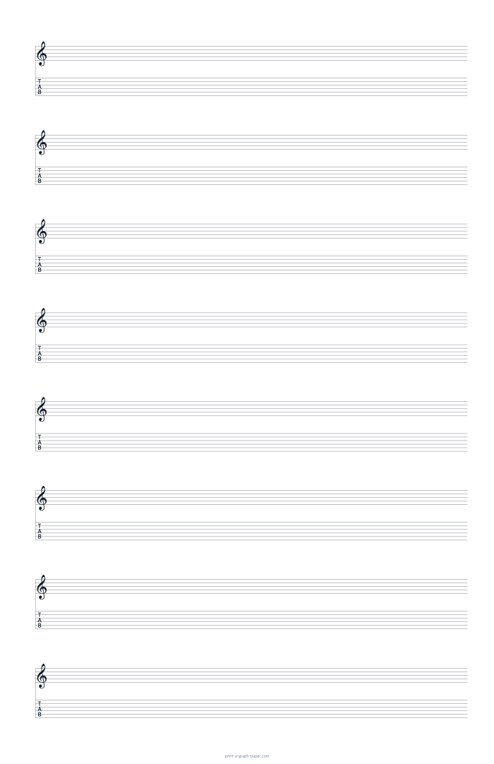 11 × 17 Tabloid portrait treble clef and 6-string tab paper preview