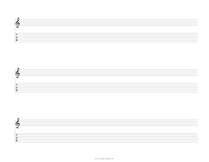 US Letter landscape treble clef and 7-string tab paper preview