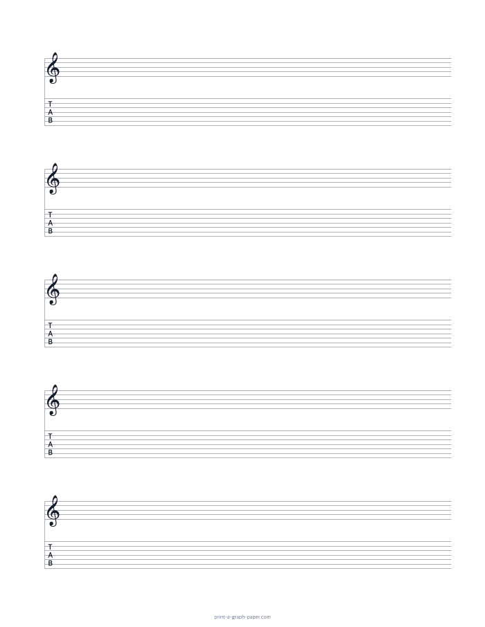 US Letter portrait treble clef and 7-string tab paper preview
