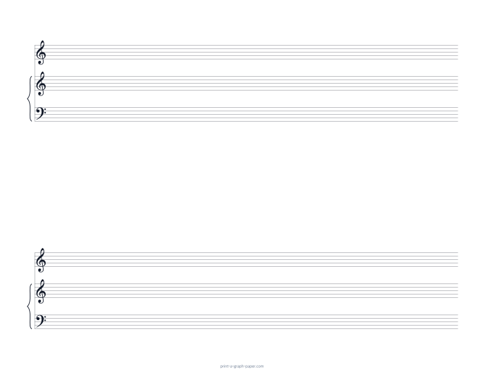 US Letter landscape voice and piano staff paper preview