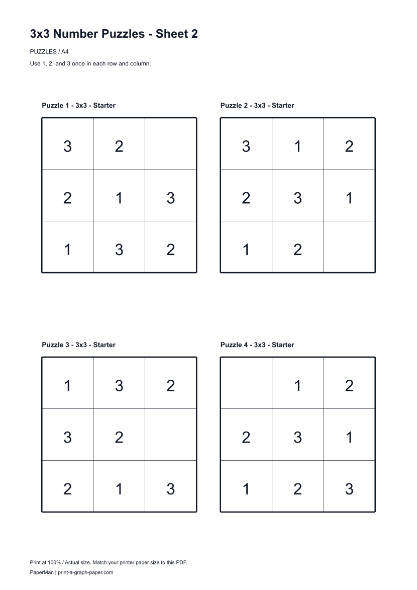3x3 Number Puzzles, worksheet 2: four printable puzzles