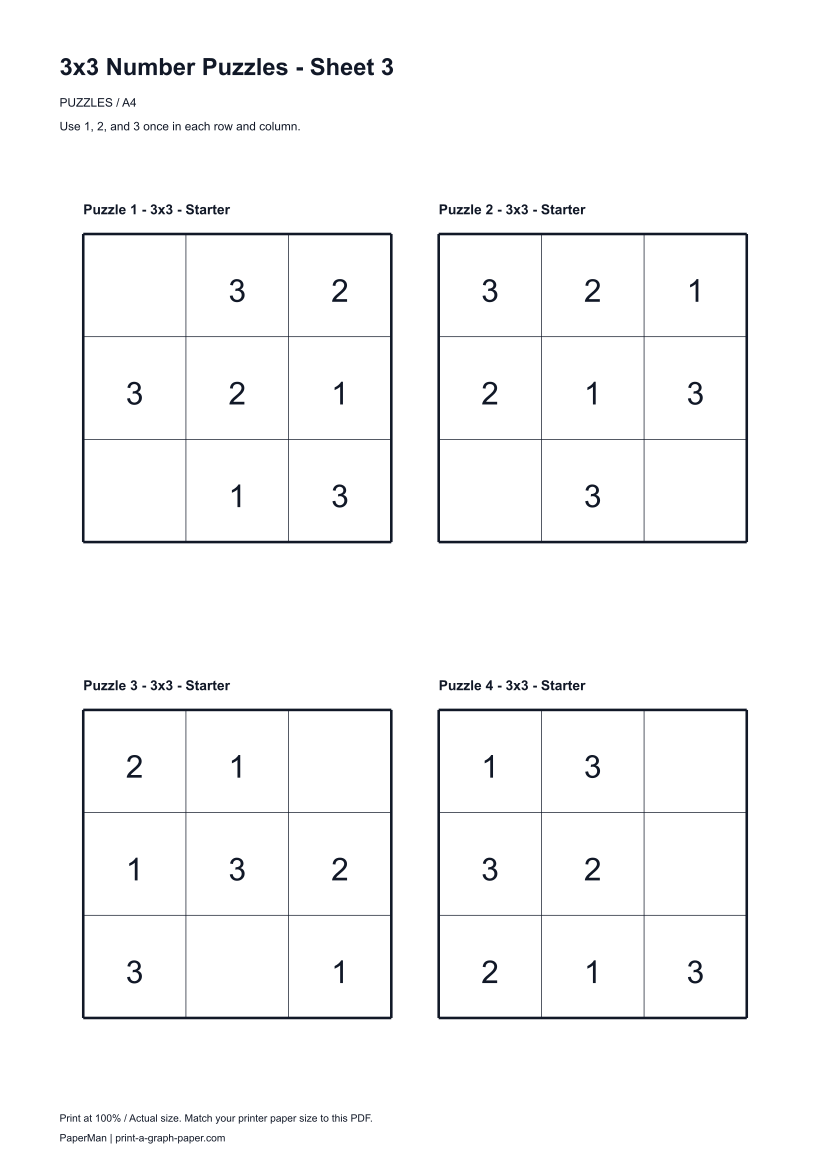 3x3 Number Puzzles, worksheet 3: four printable puzzles