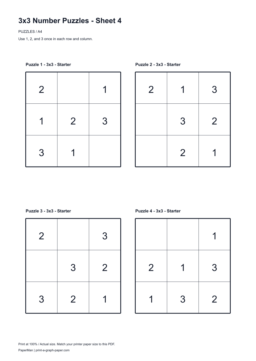 3x3 Number Puzzles, worksheet 4: four printable puzzles