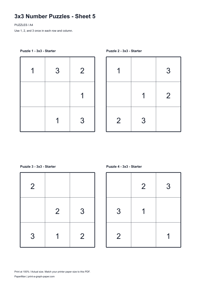 3x3 Number Puzzles, worksheet 5: four printable puzzles