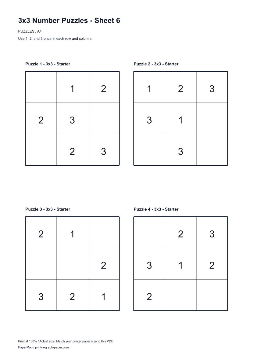 3x3 Number Puzzles, worksheet 6: four printable puzzles