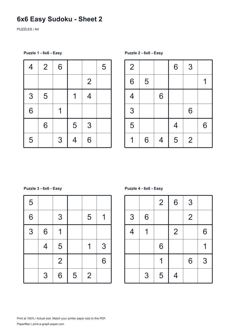 6x6 Easy Sudoku, worksheet 2: four printable puzzles