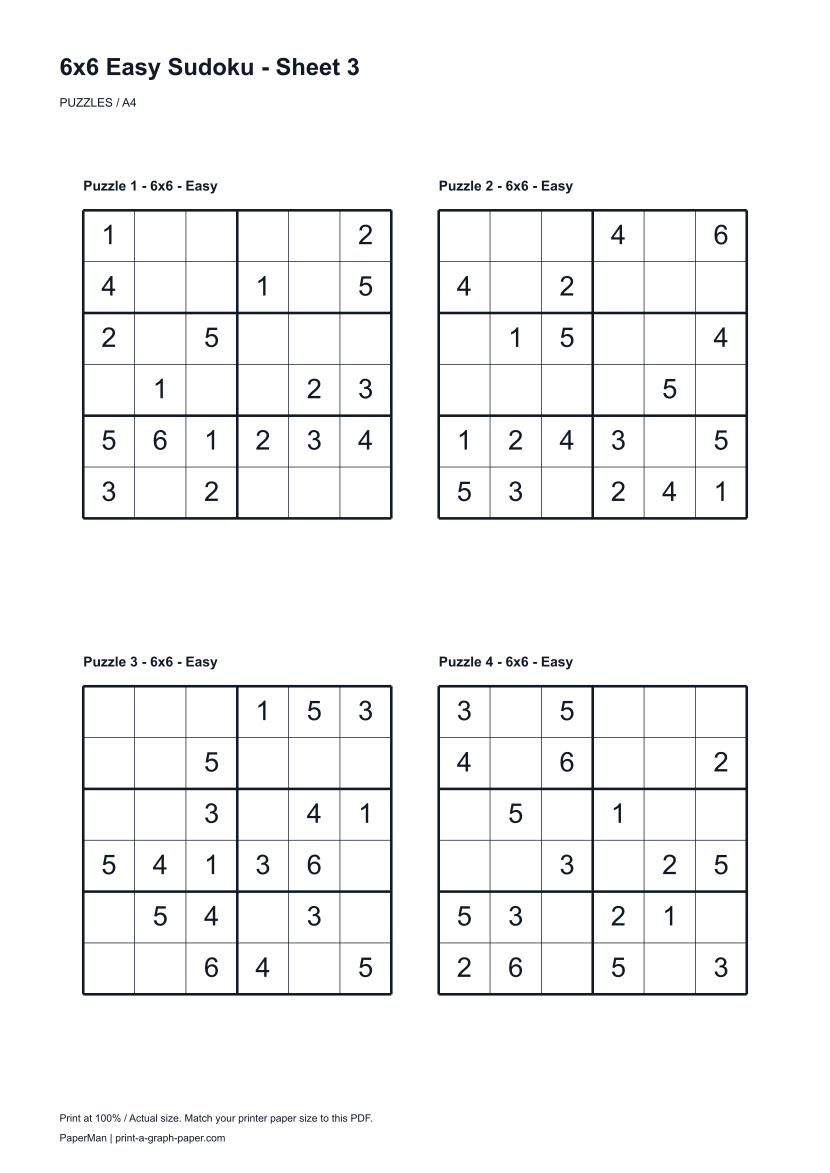 6x6 Easy Sudoku, worksheet 3: four printable puzzles