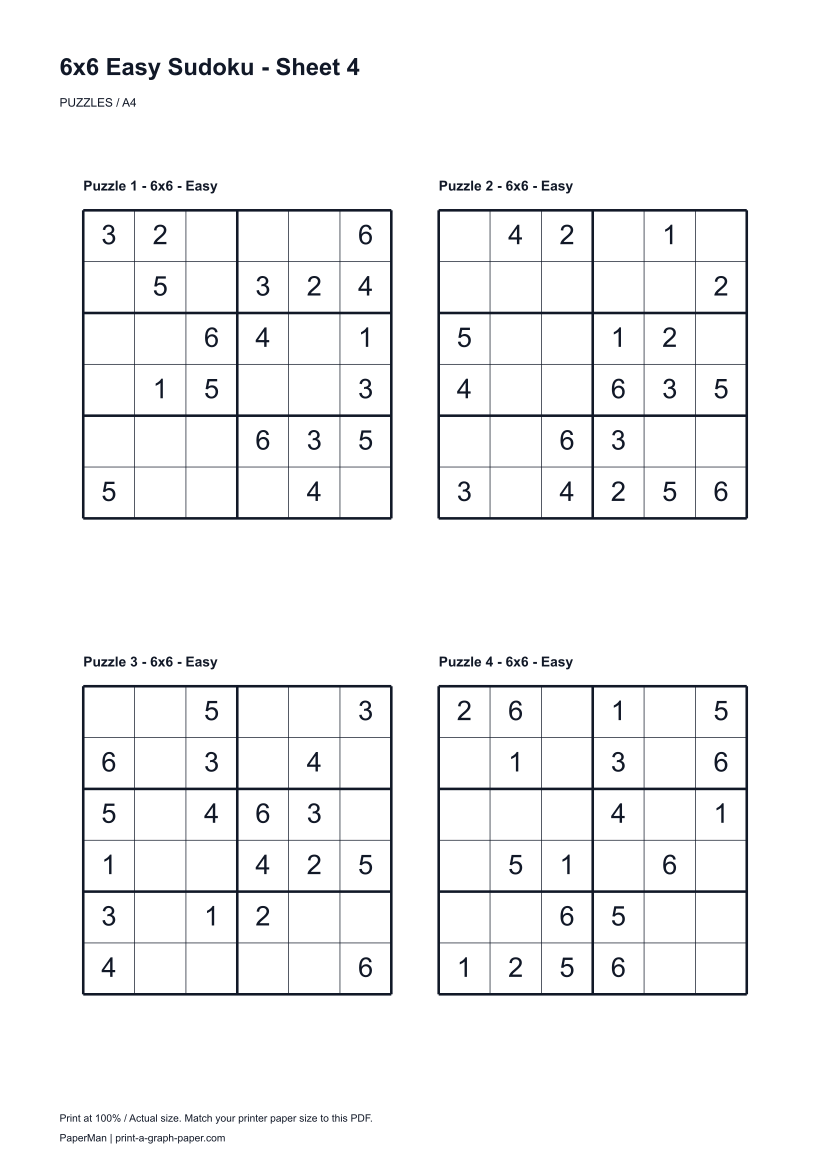 6x6 Easy Sudoku, worksheet 4: four printable puzzles