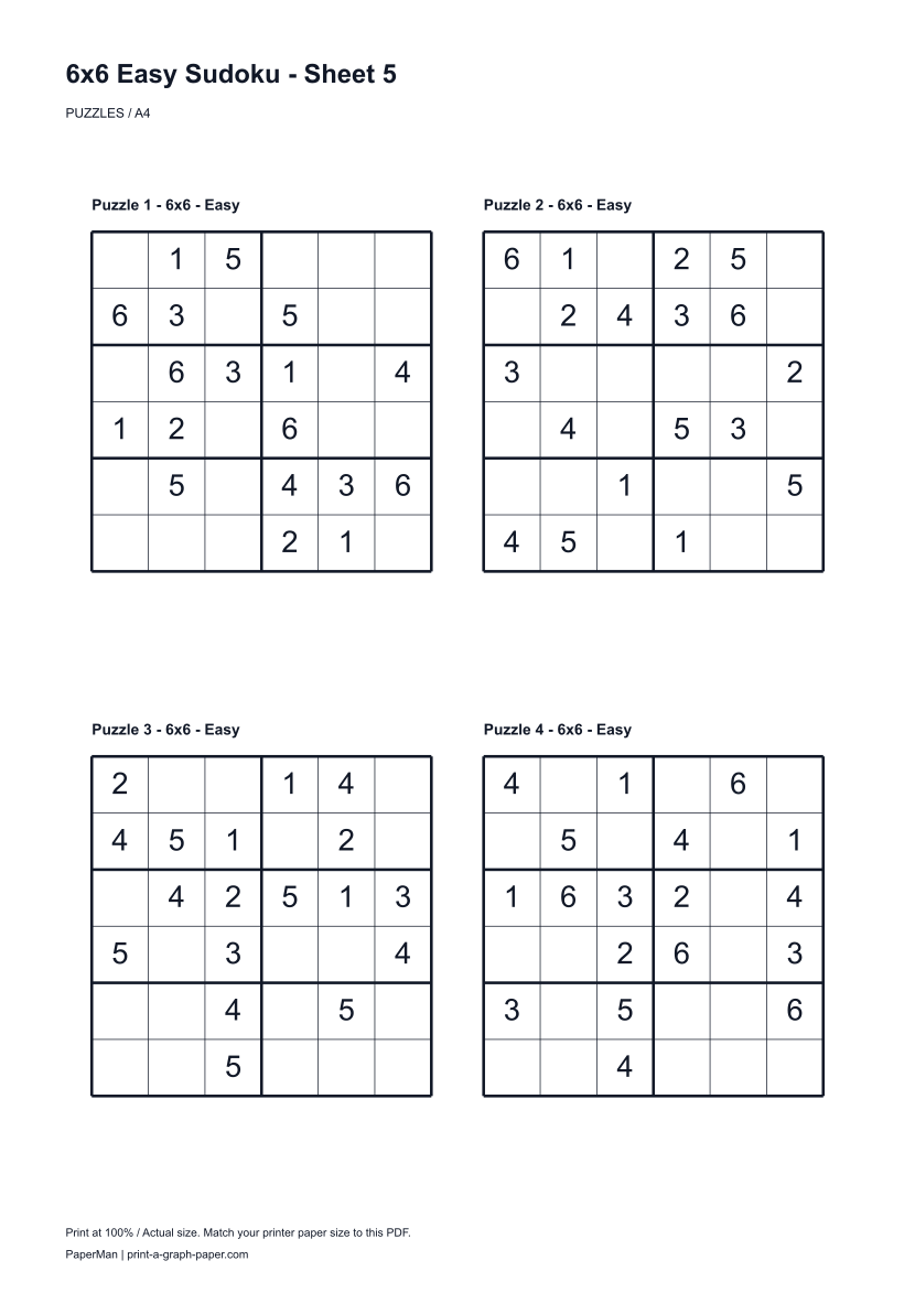 6x6 Easy Sudoku, worksheet 5: four printable puzzles