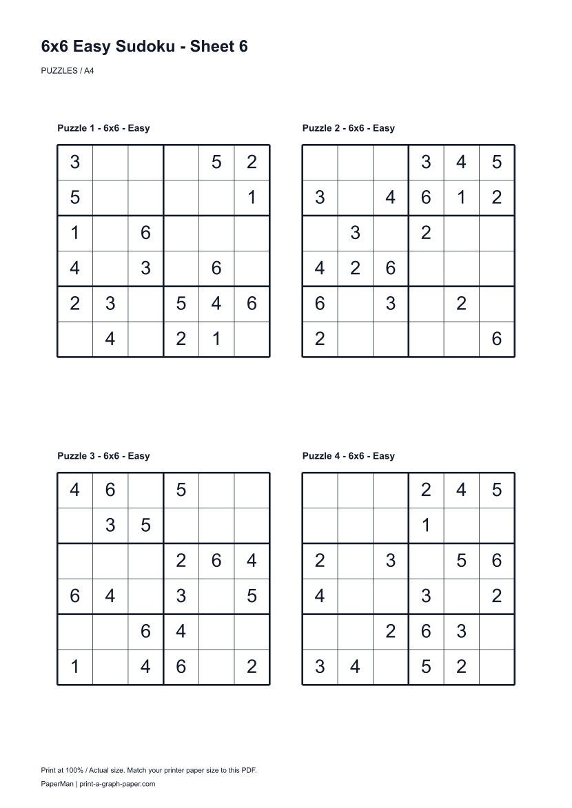 6x6 Easy Sudoku, worksheet 6: four printable puzzles