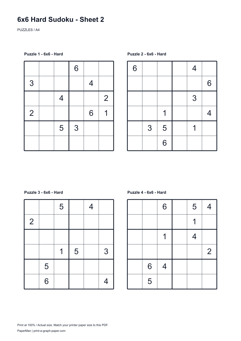 6x6 Hard Sudoku, worksheet 2: four printable puzzles