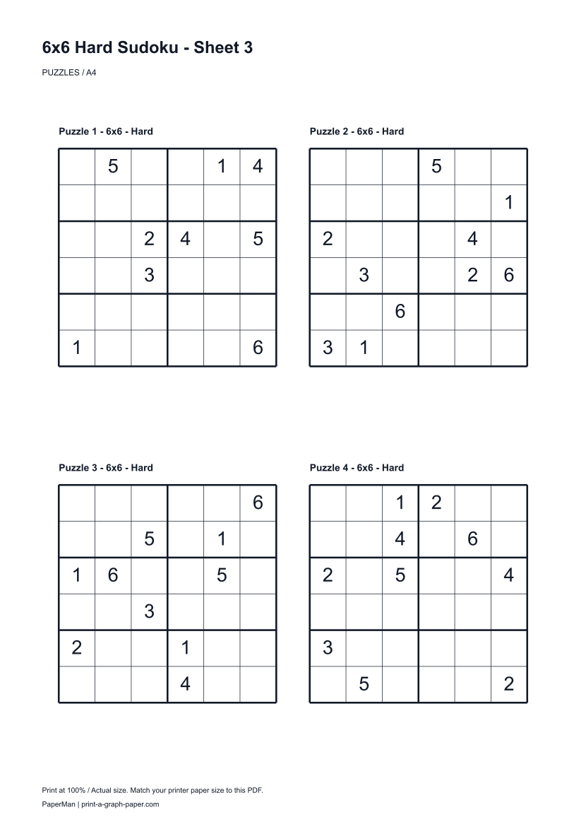 6x6 Hard Sudoku, worksheet 3: four printable puzzles