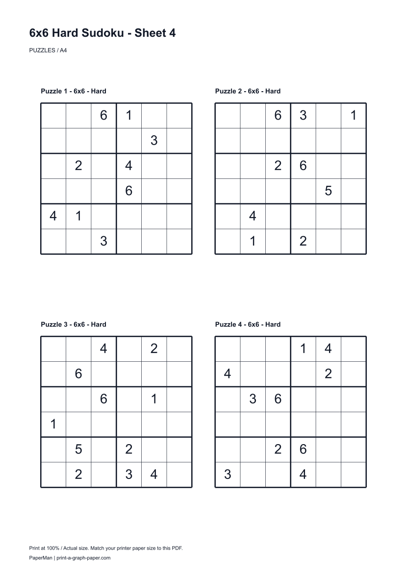 6x6 Hard Sudoku, worksheet 4: four printable puzzles