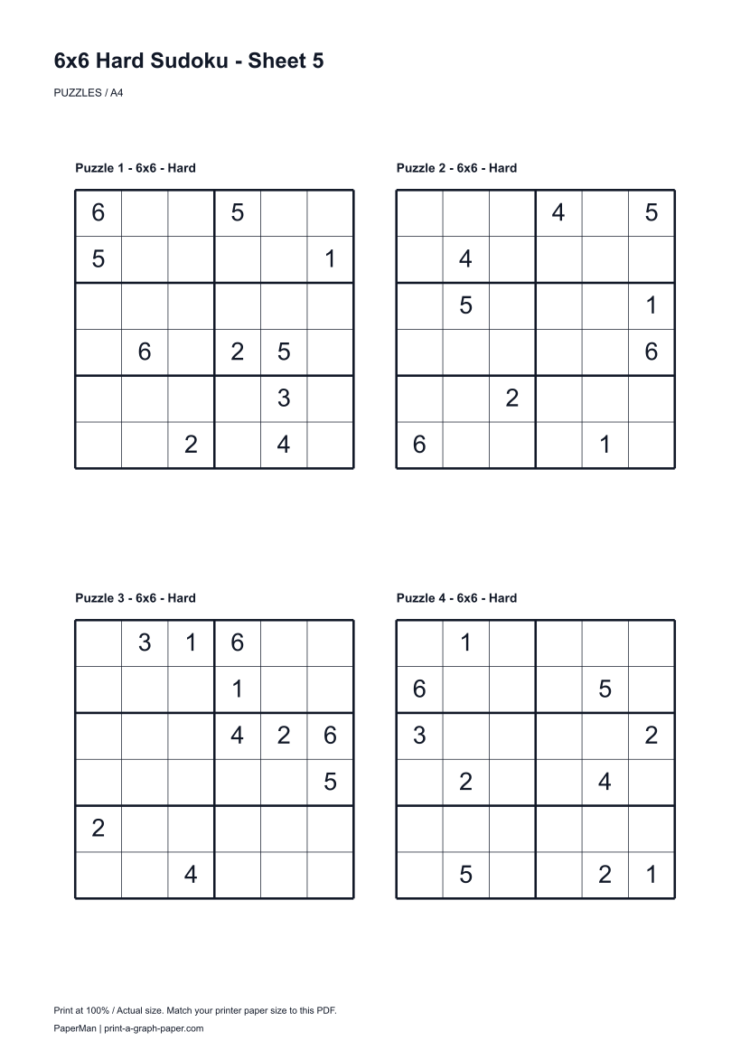 6x6 Hard Sudoku, worksheet 5: four printable puzzles