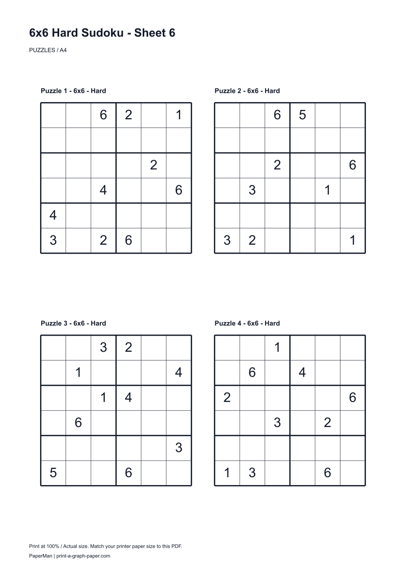 6x6 Hard Sudoku, worksheet 6: four printable puzzles