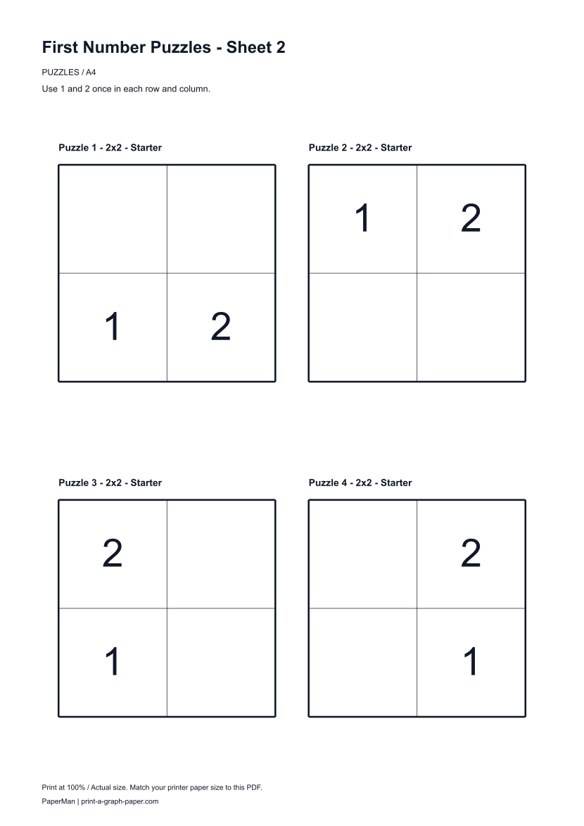 First Number Puzzles, worksheet 2: four printable puzzles
