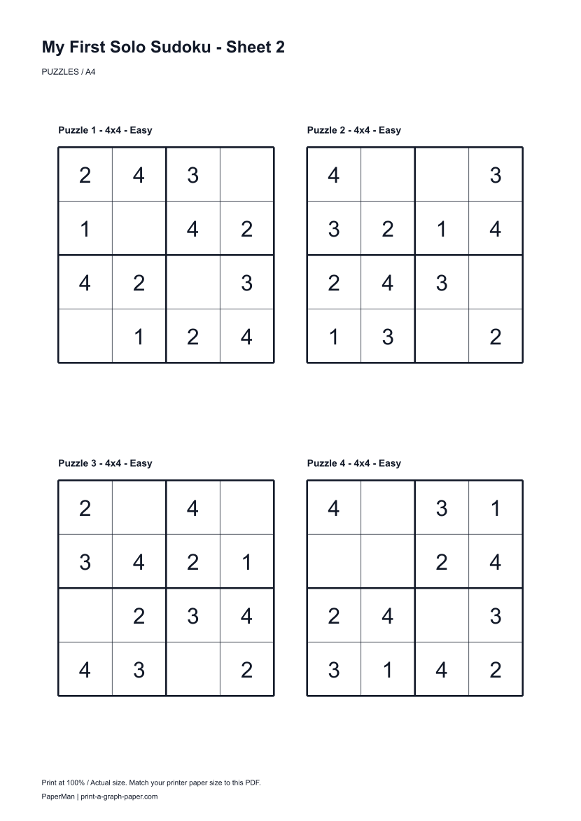 My First Solo Sudoku, worksheet 2: four printable puzzles