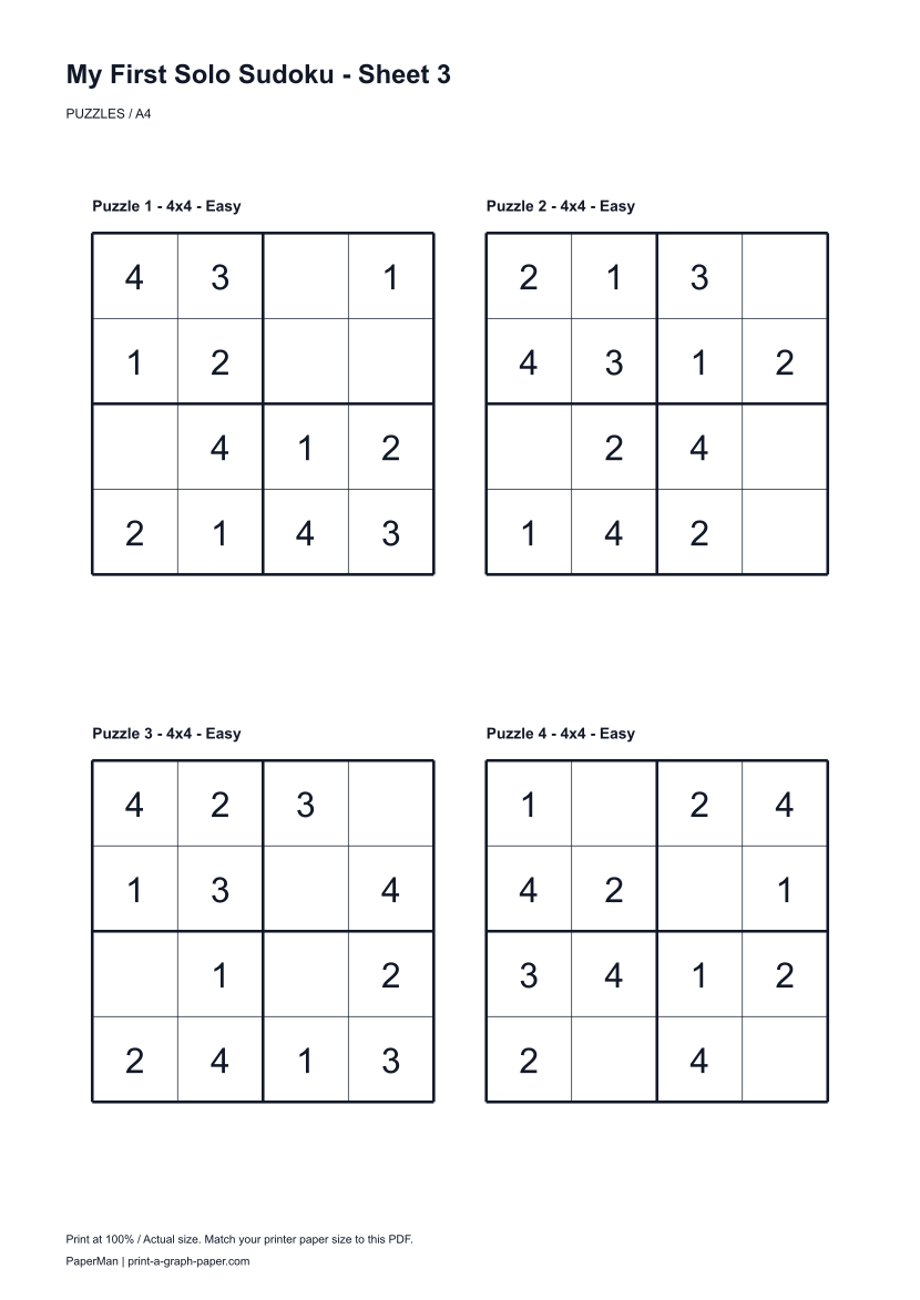 My First Solo Sudoku, worksheet 3: four printable puzzles